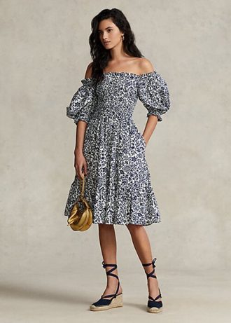 Vestido Ralph Lauren de algodón con mangas abullonadas y estampado floral para mujer Vestido Ralph Lauren de algodón con mangas abullonadas y estampado floral para mujer