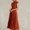 Vestido Ralph Lauren de cuello alto con pliegues híbridos en color naranja para mujer Vestido Ralph Lauren de cuello alto con pliegues híbridos en color naranja para mujer