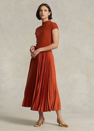 Vestido Ralph Lauren de cuello alto con pliegues híbridos en color naranja para mujer Vestido Ralph Lauren de cuello alto con pliegues híbridos en color naranja para mujer