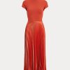 Vestido Ralph Lauren de cuello alto con pliegues híbridos en color naranja para mujer Vestido Ralph Lauren de cuello alto con pliegues híbridos en color naranja para mujer