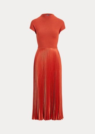 Vestido Ralph Lauren de cuello alto con pliegues híbridos en color naranja para mujer Vestido Ralph Lauren de cuello alto con pliegues híbridos en color naranja para mujer