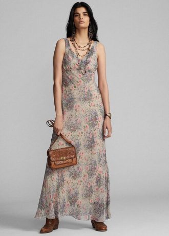 Vestido Ralph Lauren de gasa de seda arrugada con estampado floral multicolor/marrón para mujer Vestido Ralph Lauren de gasa de seda arrugada con estampado floral multicolor/marrón para mujer
