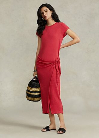 Vestido Ralph Lauren de jersey de lino con detalle anudado para mujer en color rojo Vestido Ralph Lauren de jersey de lino con detalle anudado para mujer en color rojo