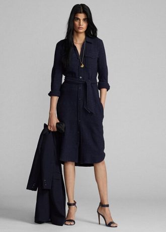 Vestido Ralph Lauren de lana y algodón con cinturón para mujer, color azul marino Vestido Ralph Lauren de lana y algodón con cinturón para mujer, color azul marino