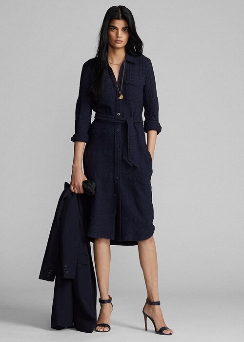 Vestido Ralph Lauren de lana y algodón con cinturón para mujer, color azul marino Vestido Ralph Lauren de lana y algodón con cinturón para mujer, color azul marino
