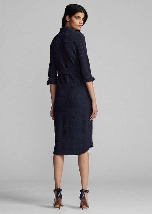 Vestido Ralph Lauren de lana y algodón con cinturón para mujer, color azul marino Vestido Ralph Lauren de lana y algodón con cinturón para mujer, color azul marino
