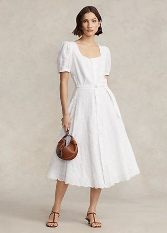 Vestido Ralph Lauren de lino blanco con bordado de ojales para mujer Vestido Ralph Lauren de lino blanco con bordado de ojales para mujer