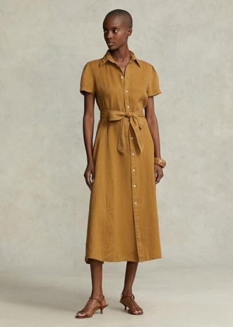 Vestido Ralph Lauren de lino con cinturón y manga corta para mujer, color marrón Vestido Ralph Lauren de lino con cinturón y manga corta para mujer, color marrón