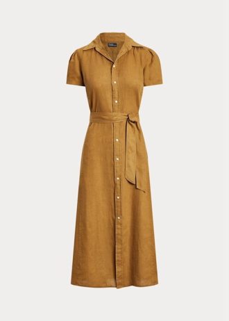 Vestido Ralph Lauren de lino con cinturón y manga corta para mujer, color marrón Vestido Ralph Lauren de lino con cinturón y manga corta para mujer, color marrón