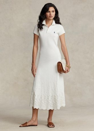 Vestido Ralph Lauren de malla de algodón elástico con ojales para mujer, color blanco Vestido Ralph Lauren de malla de algodón elástico con ojales para mujer, color blanco