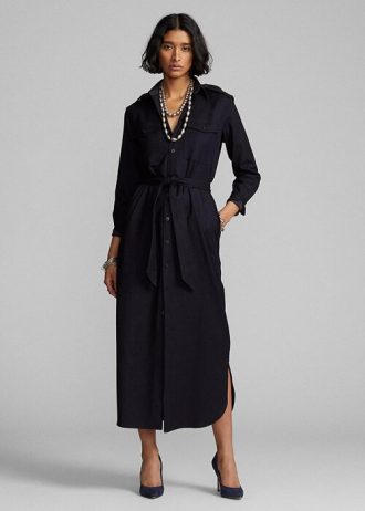 Vestido Ralph Lauren de mezcla de lana con cinturón para mujer, color azul marino Vestido Ralph Lauren de mezcla de lana con cinturón para mujer, color azul marino
