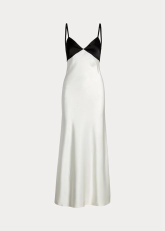 Vestido Ralph Lauren sin mangas de satén en contraste blanco y negro para mujer Vestido Ralph Lauren sin mangas de satén en contraste blanco y negro para mujer