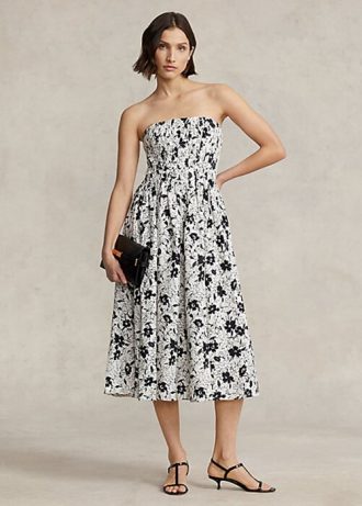 Vestido sin tirantes de lino floral Ralph Lauren para mujer, color negro y crema Vestido sin tirantes de lino floral Ralph Lauren para mujer, color negro y crema