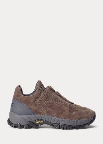 Zapatillas Ralph Lauren Grayson de ante de becerro con cremallera para mujer en gris oscuro