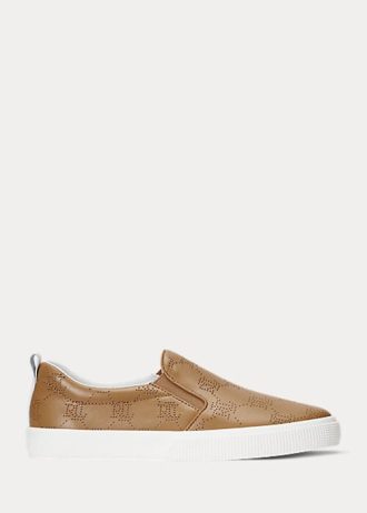 Zapatillas Ralph Lauren Haddley de piel marrón sin cordones con logotipo para mujer Zapatillas Ralph Lauren Haddley de piel marrón sin cordones con logotipo para mujer