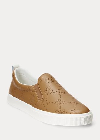 Zapatillas Ralph Lauren Haddley de piel marrón sin cordones con logotipo para mujer Zapatillas Ralph Lauren Haddley de piel marrón sin cordones con logotipo para mujer