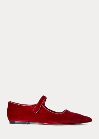 Zapatos planos Mary Jane de terciopelo Ralph Lauren para mujer en color rojo con punta Zapatos planos Mary Jane de terciopelo Ralph Lauren para mujer en color rojo con punta